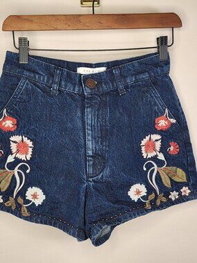 Sandro Paris Floral Embroidered Denim Shorts Dark Wash EU 36 Studded Hem